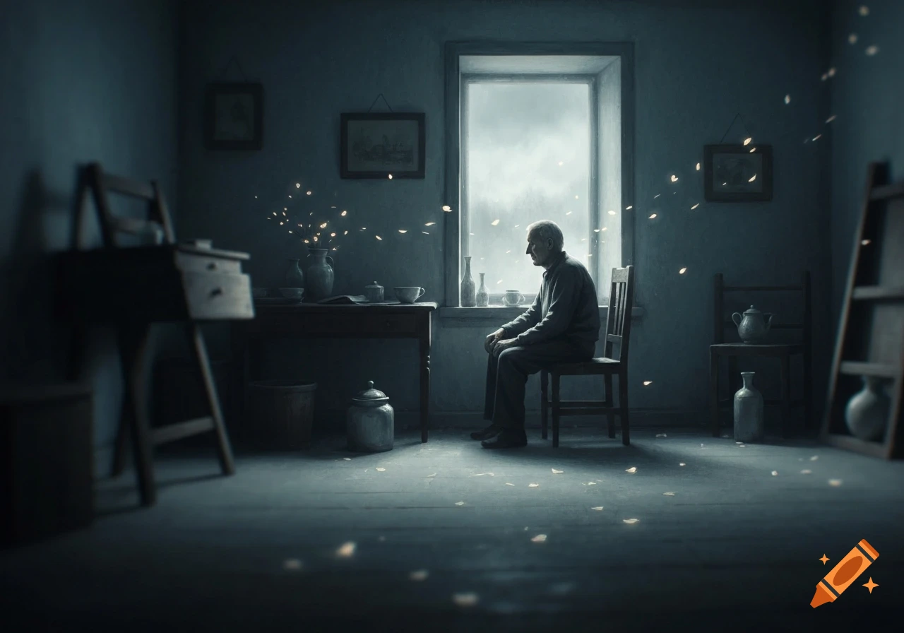 An old man sits alone on a chair by a tall window in a dimly lit, somber room, with glowing specks floating around.