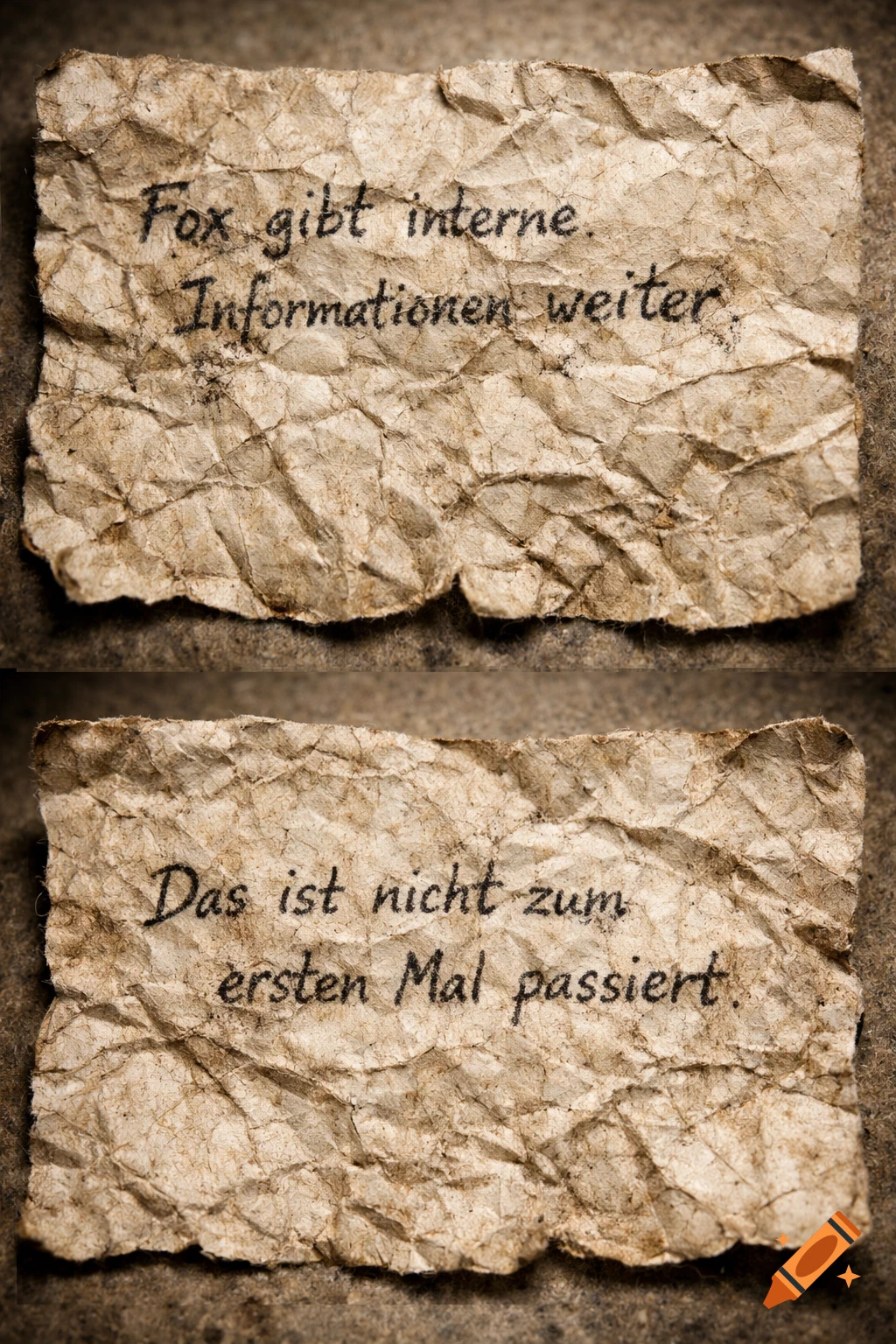 Two crumpled, dirty pieces of paper with handwritten German text on a dark background. The top paper reads "Fox gibt interne. Informationen weiter.", and the bottom reads "Das ist nicht zum ersten Mal passiert."