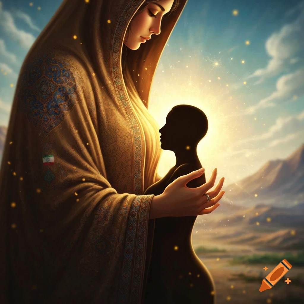 A woman in a patterned robe with the Iranian flag embraces a glowing silhouetted figure, in a mountainous landscape at sunset.