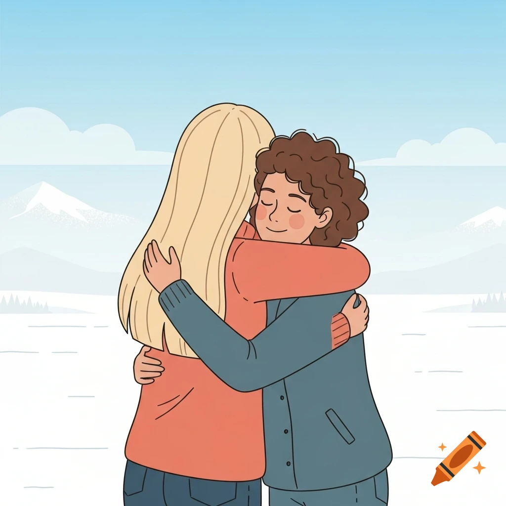 Illustration of two friends, one with long blonde hair and one with curly brown hair, hugging in a snowy mountain landscape.