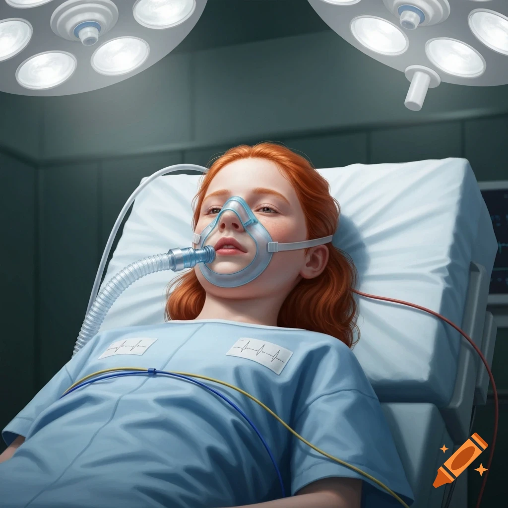 Photorealistic image of a redhead girl lying in a hospital bed with an anesthesia mask covering her face, under bright surgical lights.