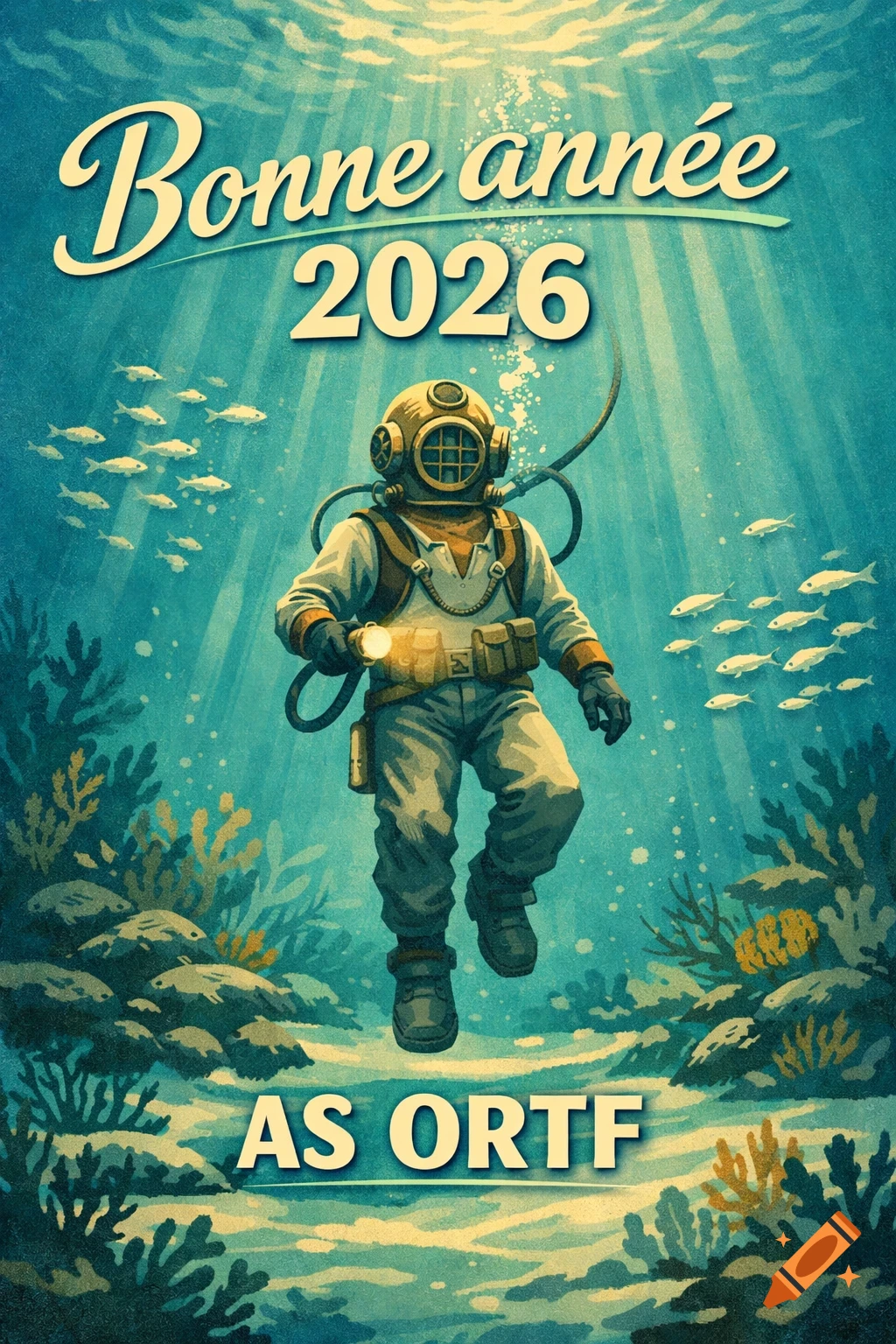 A vintage illustration of a diver in a helmet suit walking on the ocean floor, surrounded by fish and coral, with 'Bonne ann e an é 2026 AS ORTF'.