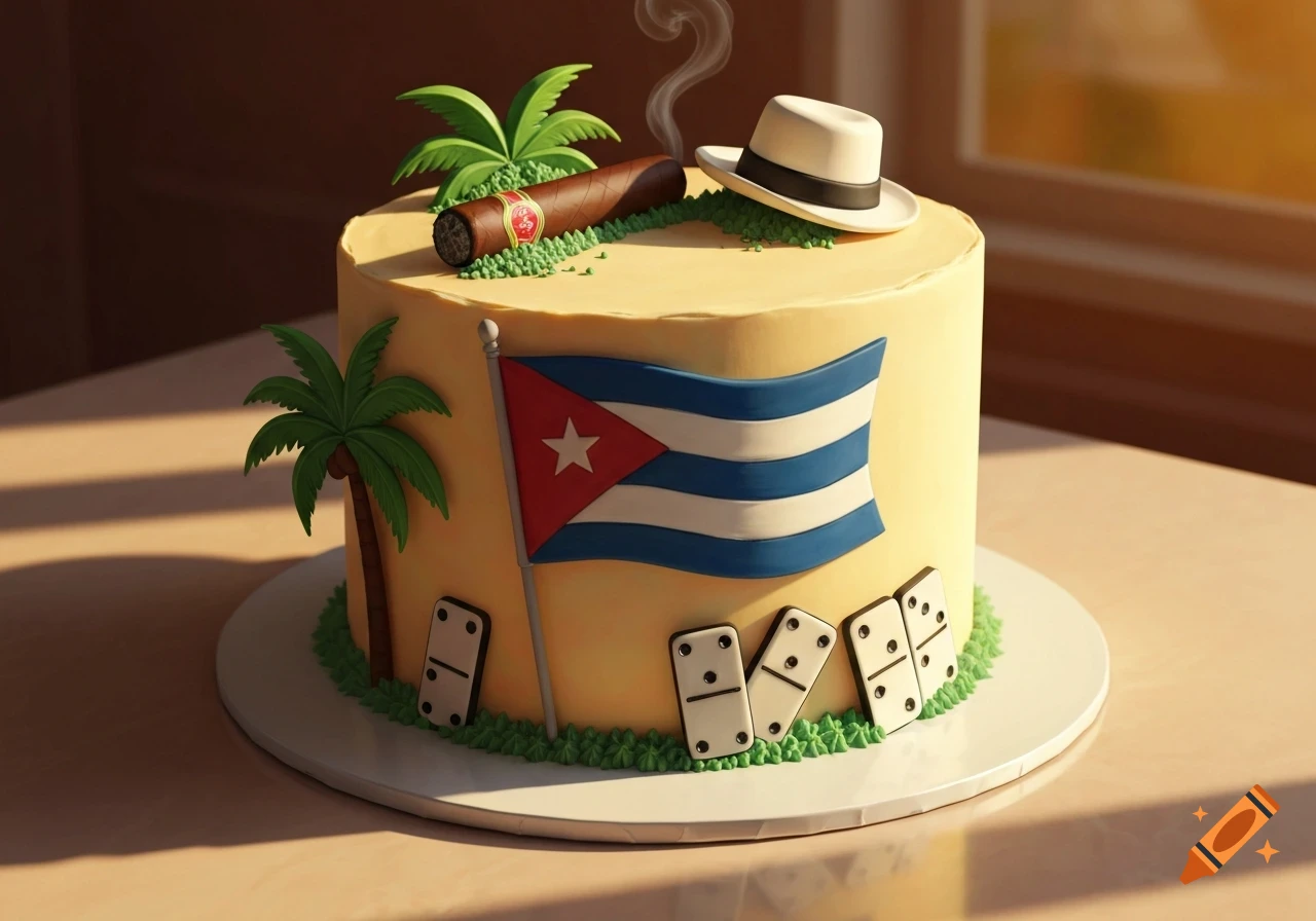 One-tier buttercream cake with Cuban flag, lit cigar, white fedora, palm trees, and dominoes decoration.