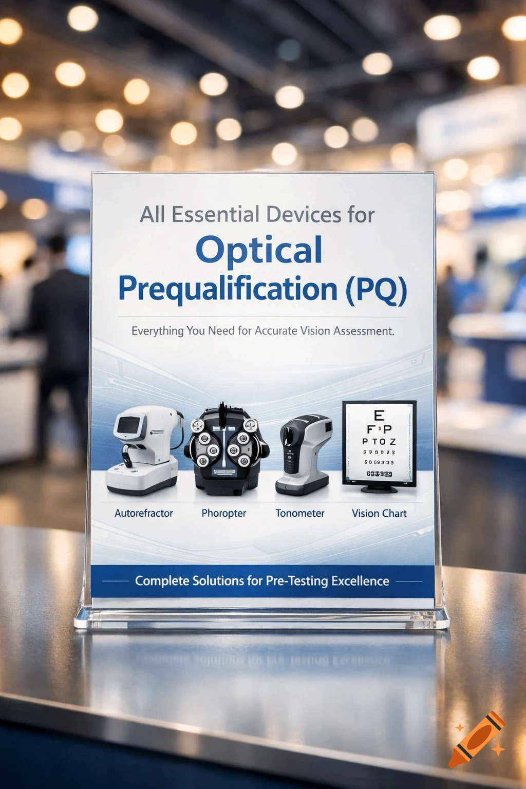A photorealistic image of a sign on an exhibition stand, displaying optical prequalification devices: autorefractor, phoropter, tonometer, and a vision chart.