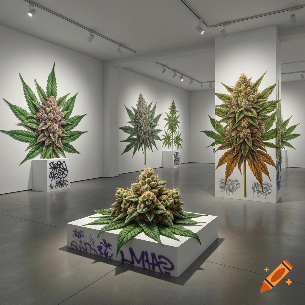 Photorealistic image of a brightly lit art gallery featuring large, detailed installations of cannabis plants on pedestals, with graffiti art.