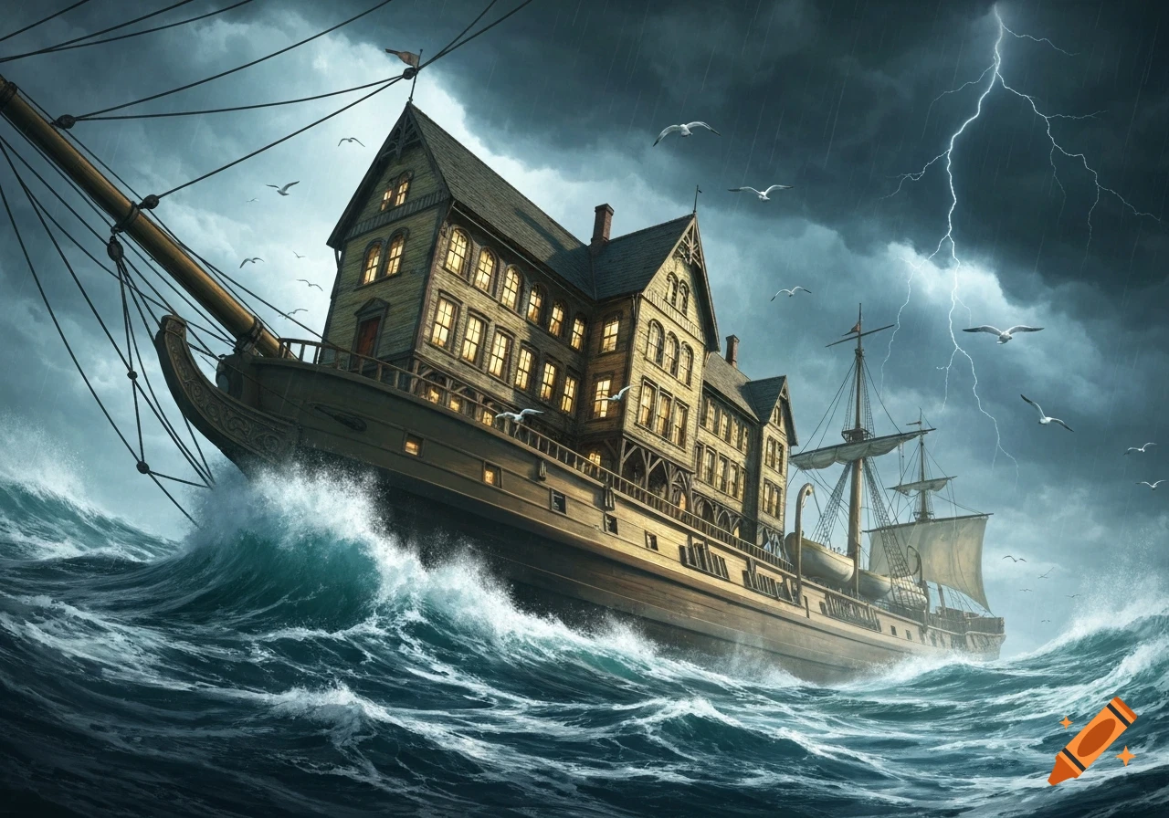 A large house built on a ship battles huge waves and lightning during a stormy sea, in a detailed illustrative style.