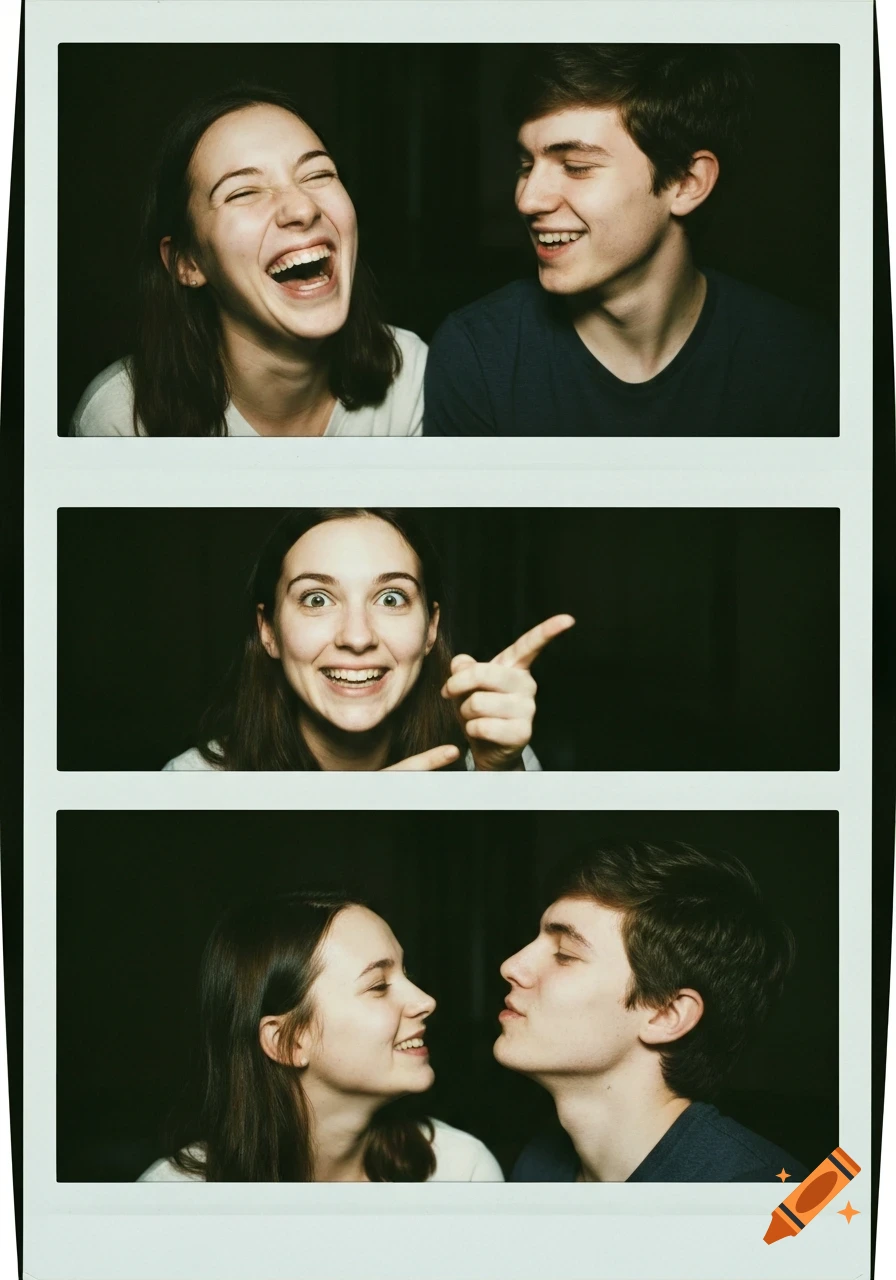 Three vertical Polaroid-style photos of a young couple. They laugh, she points playfully, and he leans in for a kiss on her cheek.