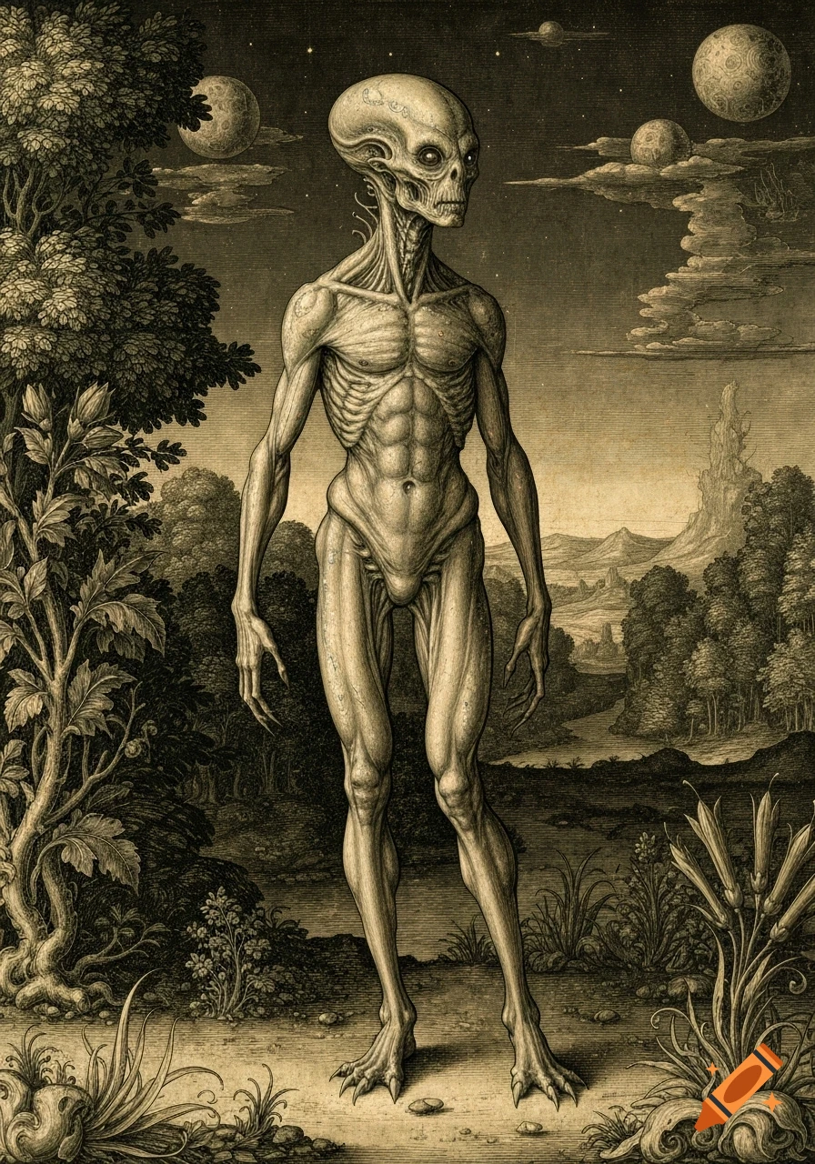 Dürer-style engraving of a skeletal alien in a moonlit landscape with trees and multiple moons.