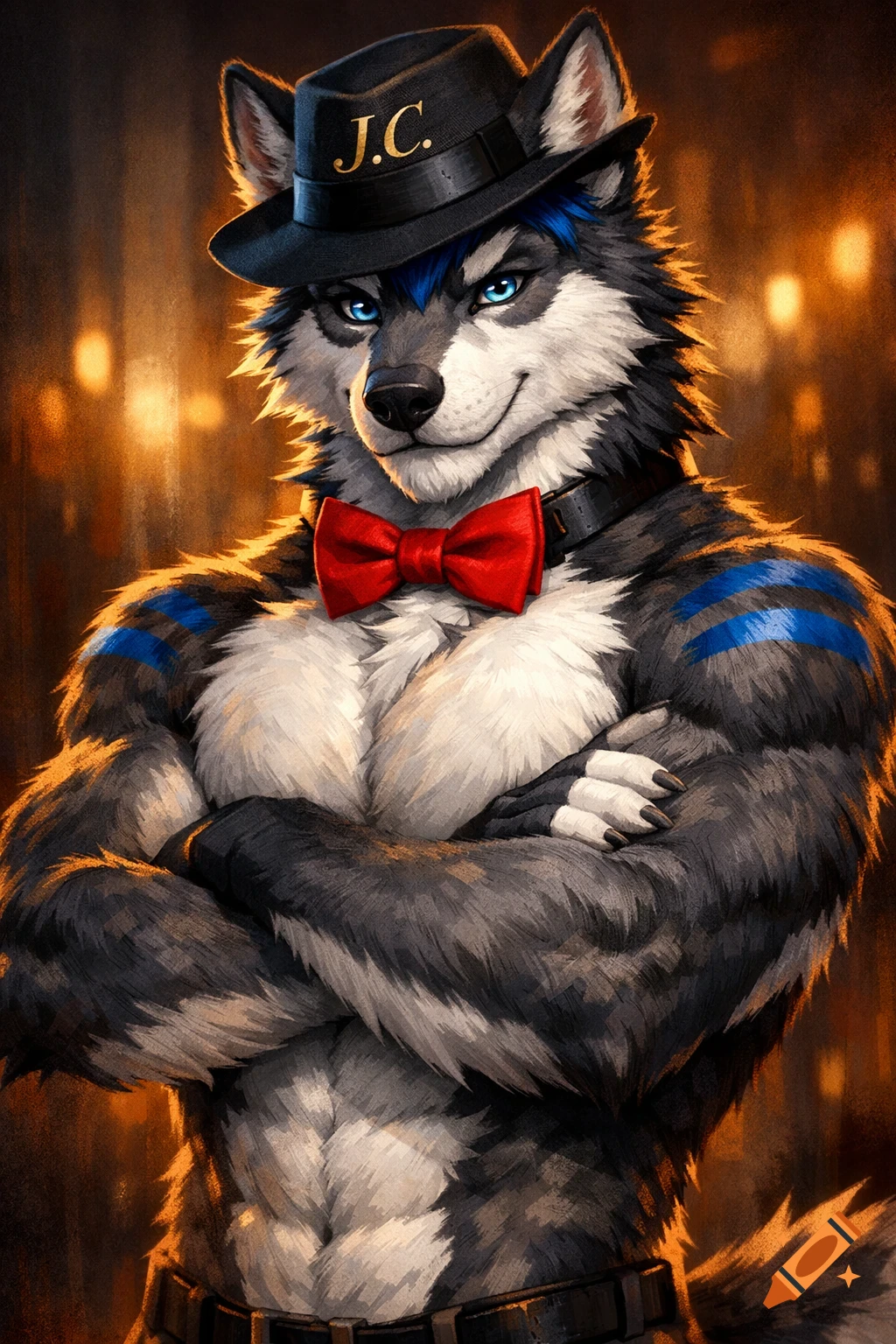 Muscular gray and white wolf fursona with blue eyes, red bowtie, and a black fedora with 'J.C.' on it, against a warm blurry background.