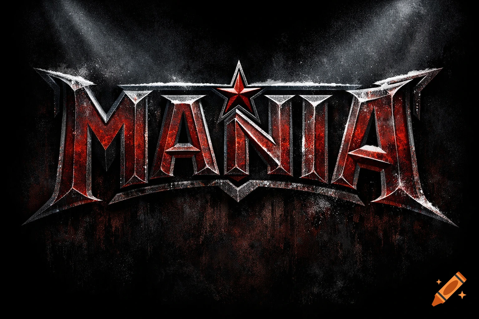 Gritty red and metallic 'MANIA' text logo with a red star on a dark, textured background.