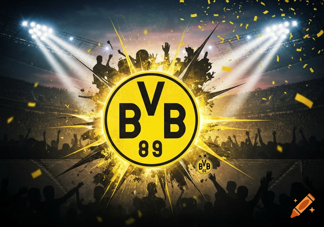 Dynamic illustration of a soccer stadium with a cheering crowd, bright lights, and a yellow BVB 89 logo with falling confetti.