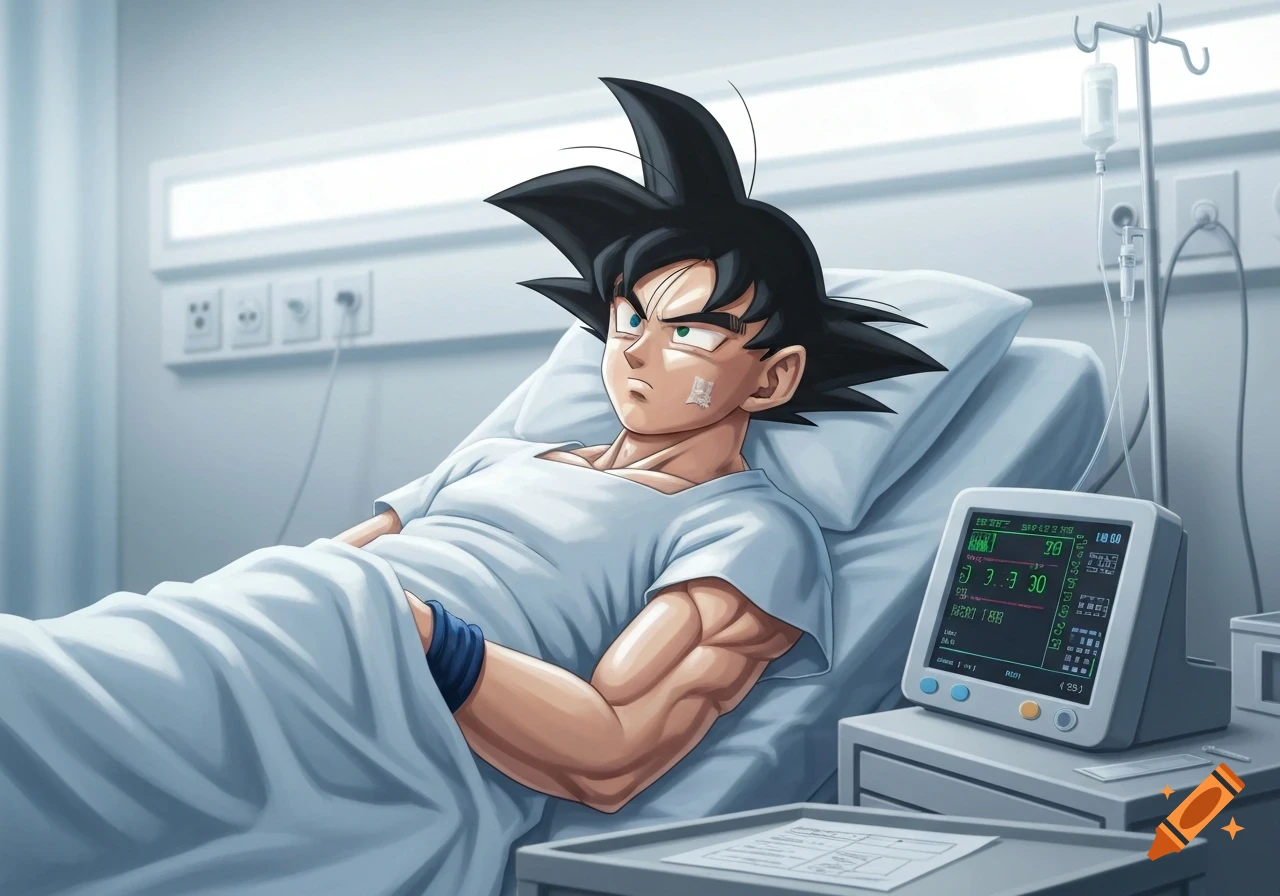 Goku lies in a hospital bed, looking up with a worried expression, a bandage on his cheek and a medical monitor beside him, in anime style.