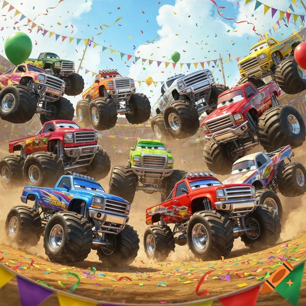 Vibrant cartoon monster trucks with faces at a birthday party, surrounded by confetti, balloons, and banners in a dirt arena.