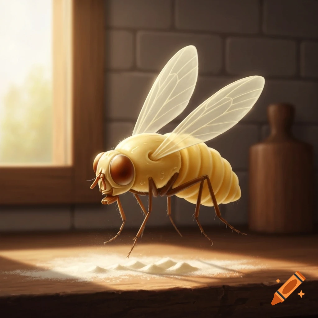 A whimsical fly made of butter, with translucent wings and brown legs, stands on a wooden surface with small piles of white powder, illuminated by light from a window.