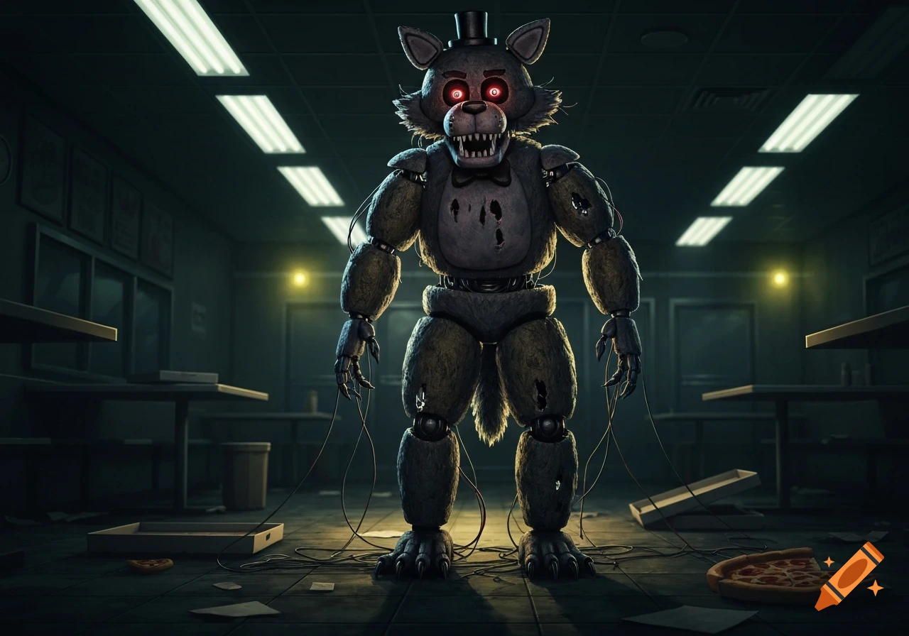 A creepy animatronic wolf with glowing red eyes and sharp teeth stands in a dimly lit, abandoned room with fluorescent lights, surrounded by wires and debris.