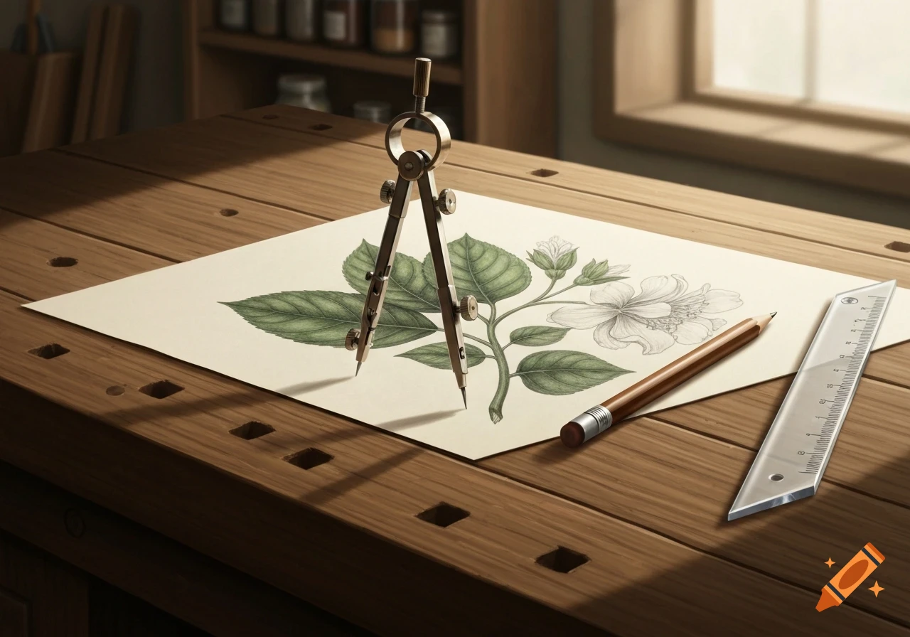 A botanical drawing of a flowering plant on paper, surrounded by a compass, pencil, and ruler on a wooden workbench.