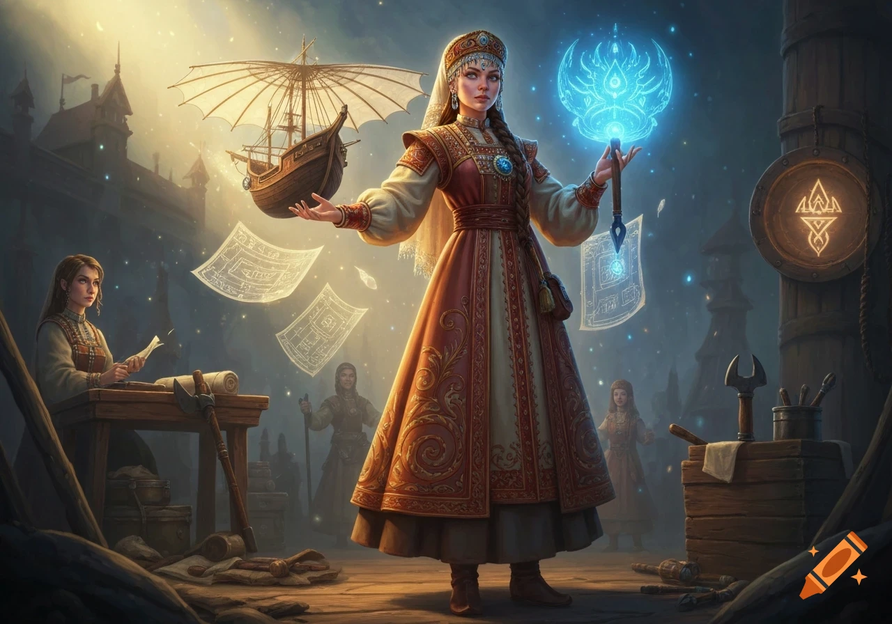 A woman in ornate traditional dress stands in a mystical setting, holding a model flying ship and a glowing blue orb.