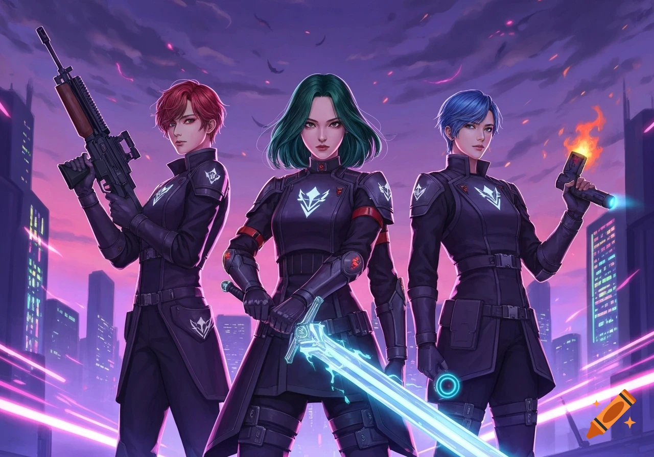 Three anime-style women with colorful hair, dressed in dark armored uniforms, holding a rifle, a glowing sword, and a fiery device, against a neon city skyline at dusk.