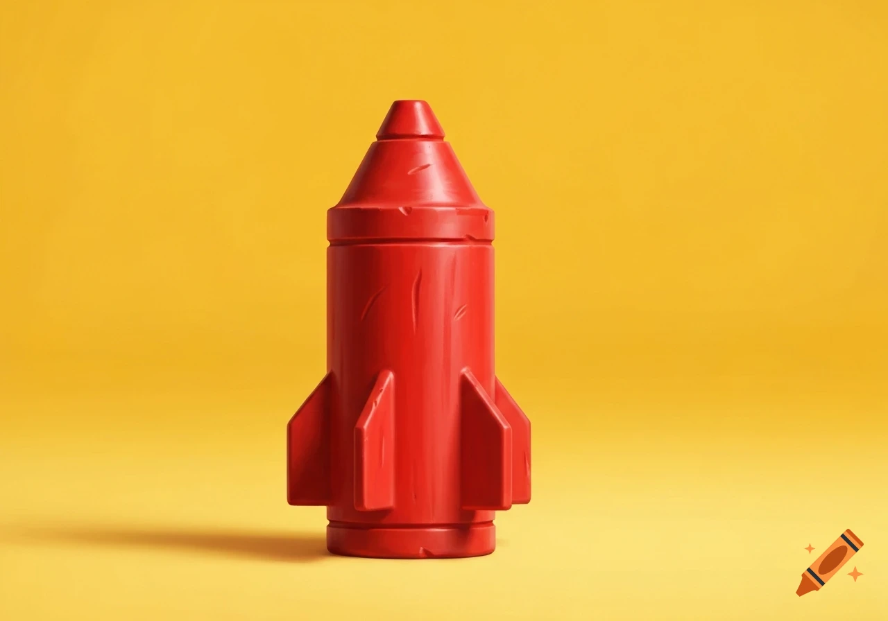 A vibrant red crayon carved into the shape of a rocket stands vertically against a solid yellow background.