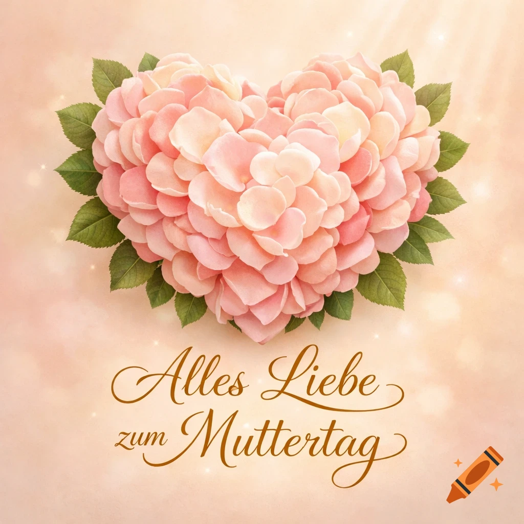 A heart shape made of pink rose petals and green leaves on a light background, with the German text 'Alles Liebe zum Muttertag' (All love for Mother's Day) below it.
