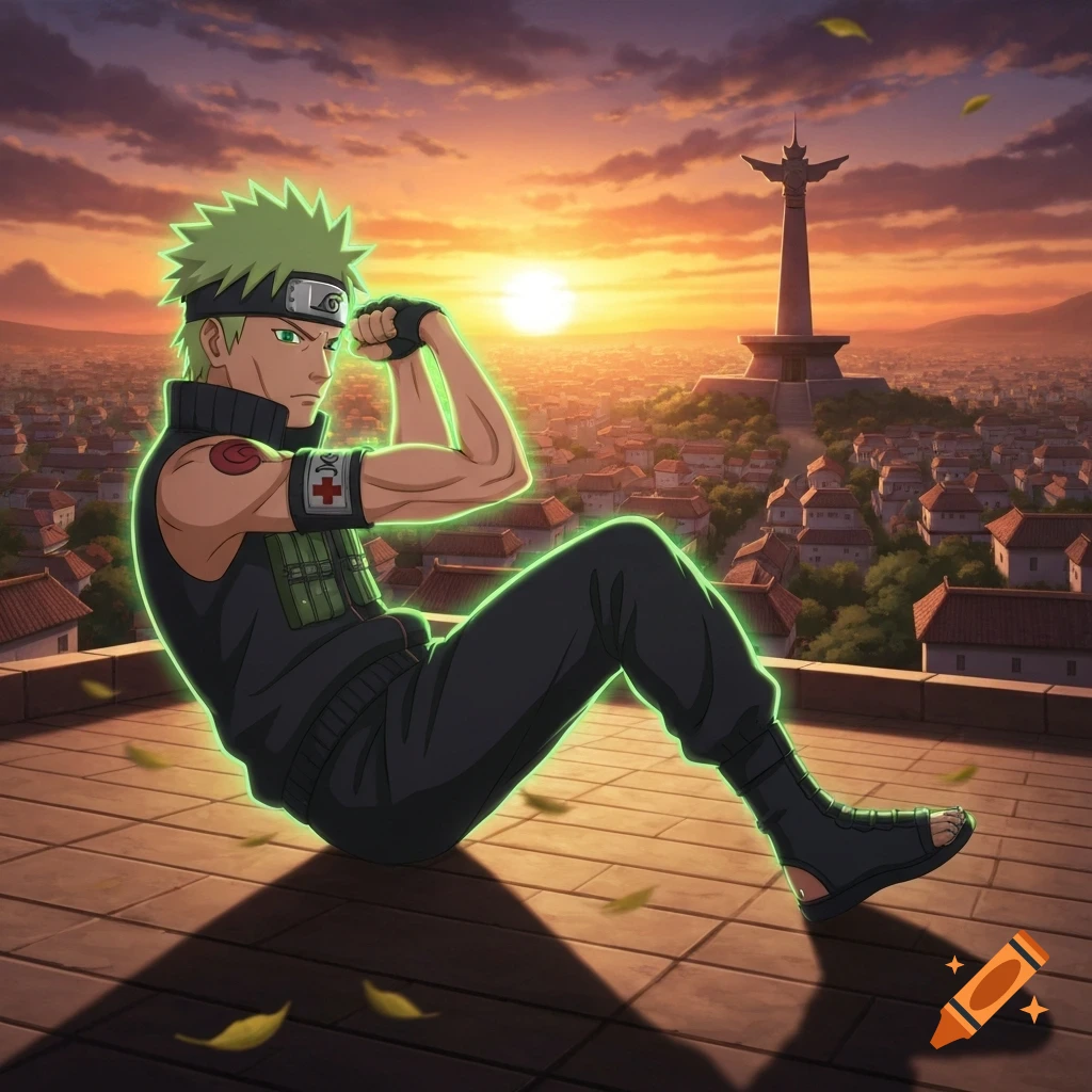 Anime-style Ryo Senju doing crunches on a Konoha village rooftop at sunset, with a bright green chakra aura.