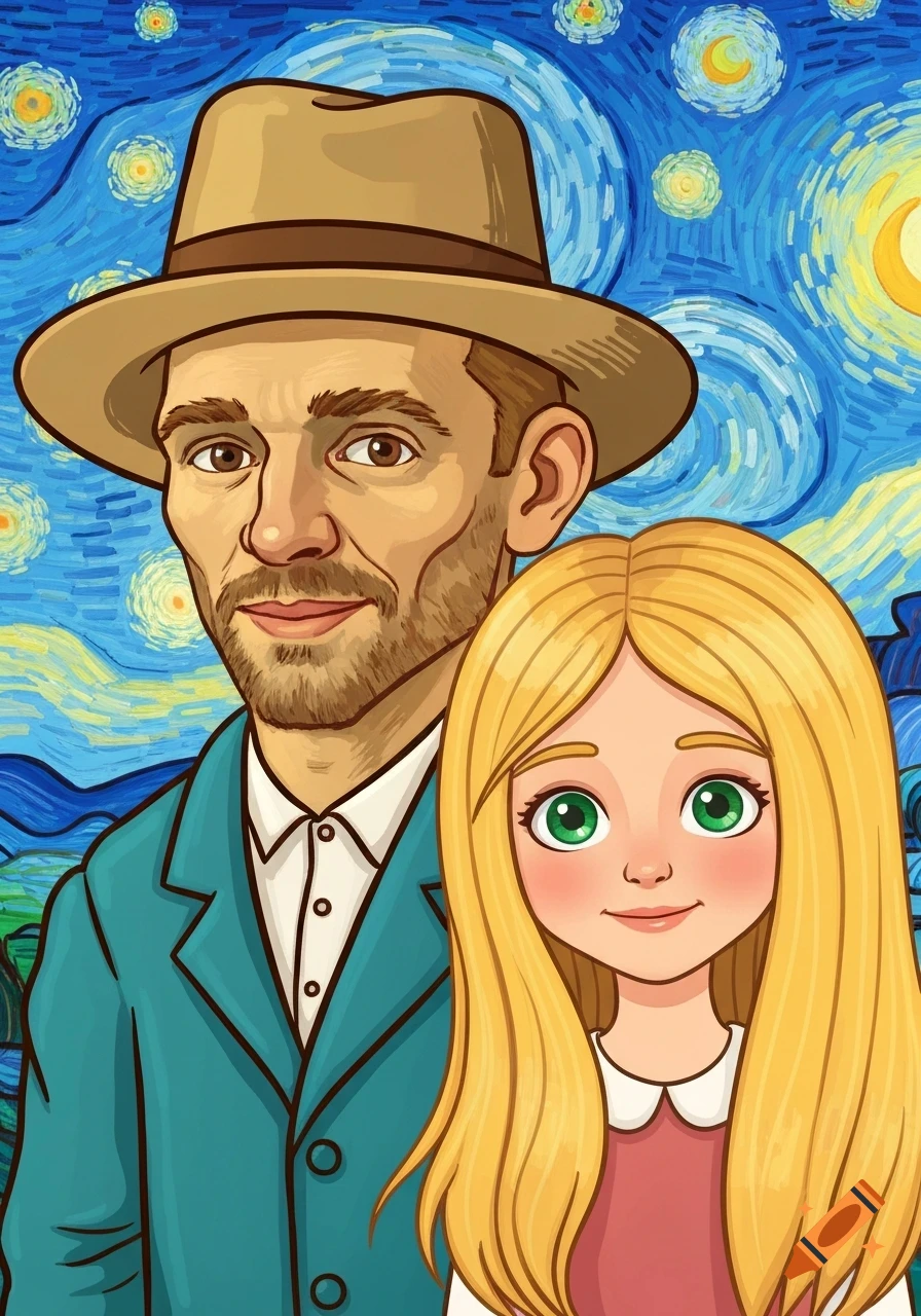 Cartoon portrait of a man resembling Van Gogh in a hat and a long-haired girl with green eyes, set against a Van Gogh-style 'Starry Night' background.