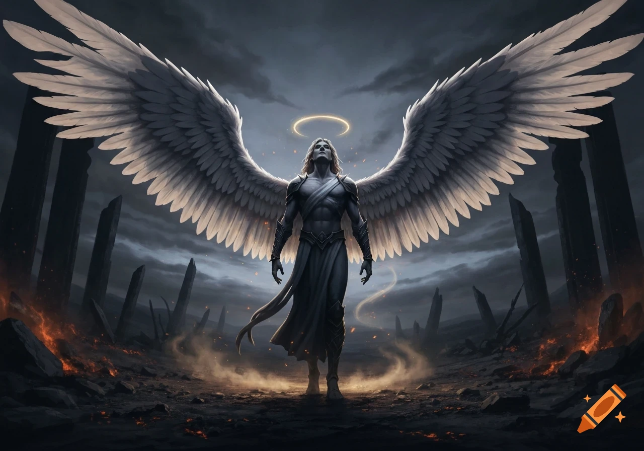 A dramatic fallen angel with large white wings and a halo stands in a desolate, fiery, stormy landscape. Digital art.