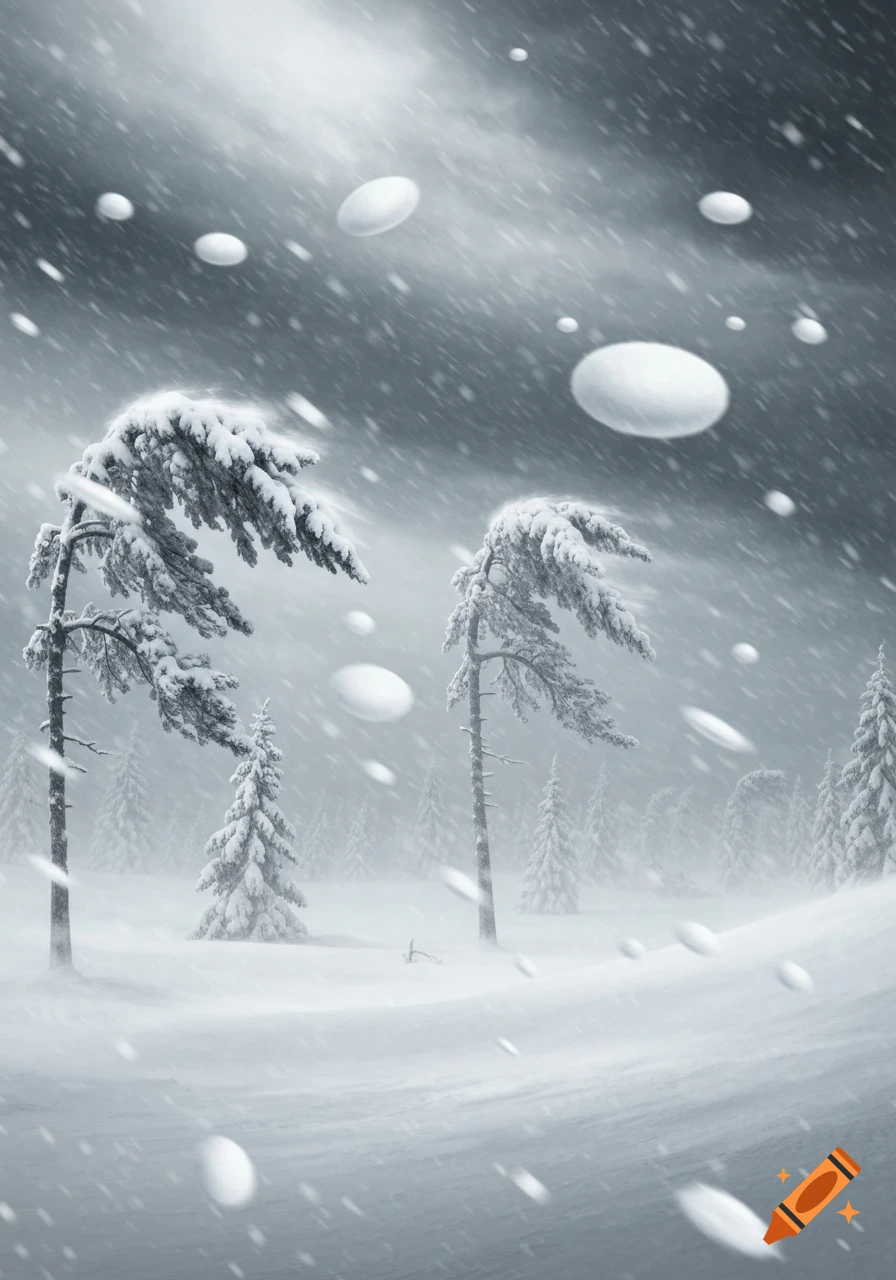 Snow-covered pine trees in a blizzard with large snowflakes falling against a dark, cloudy sky.