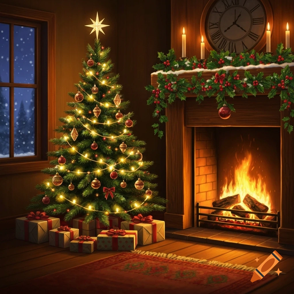 A cozy living room scene with a brightly lit Christmas tree, surrounded by wrapped gifts, next to a warm fireplace with a mantelpiece decorated with holly and candles.