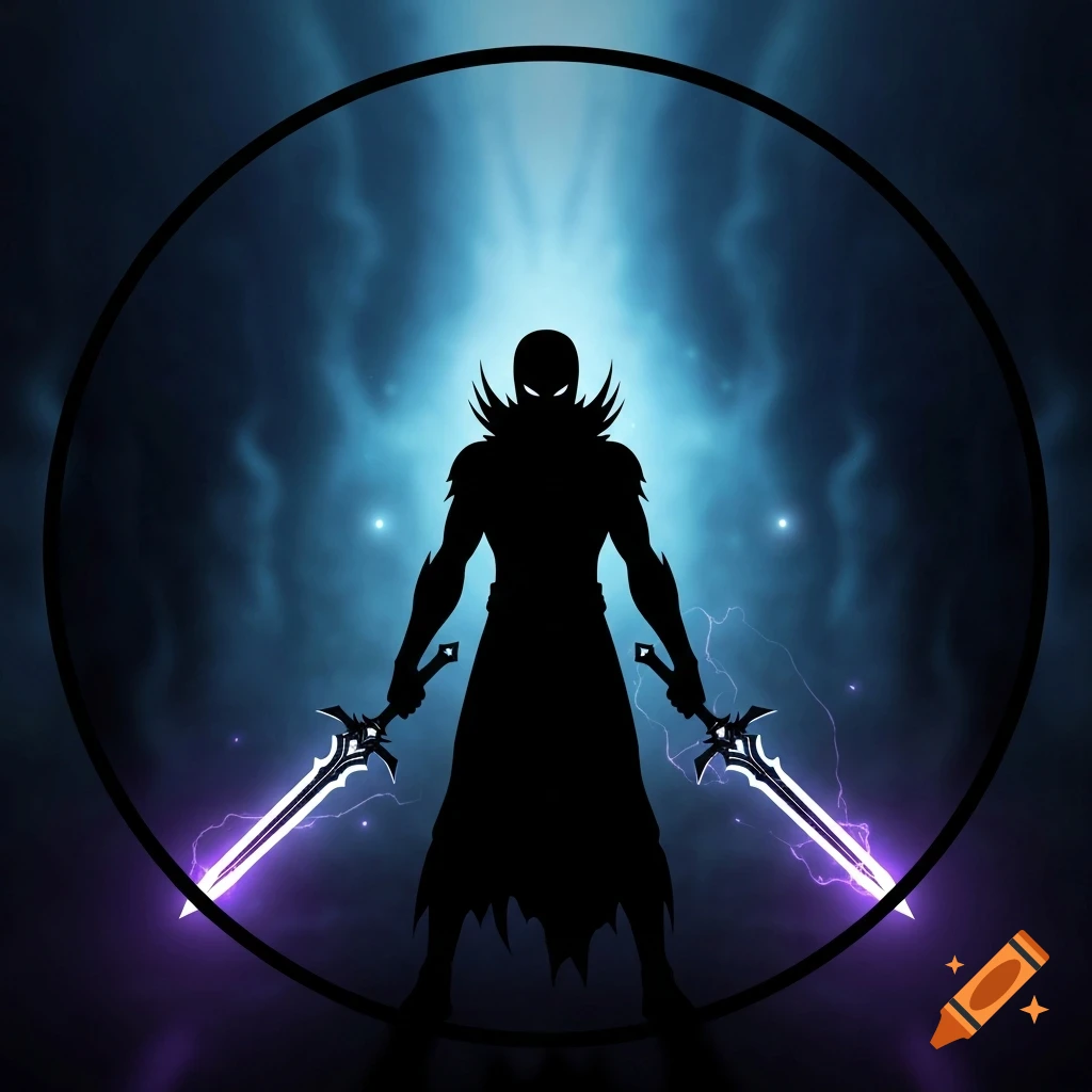 A dark silhouette of a figure holding two glowing purple swords, framed by a circle, against a stormy blue background.