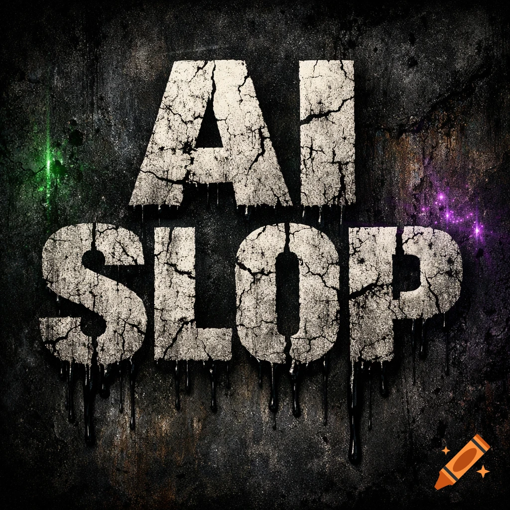 Grungy, cracked white text "AI SLOP" with black drips, on a dark, textured background with green and purple glowing streaks.