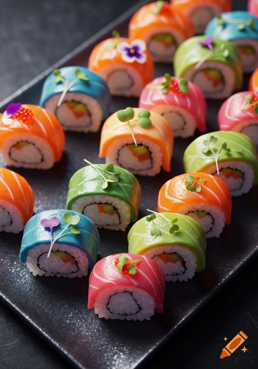 A close-up of colorful sushi rolls, topped with various garnishes like edible flowers and microgreens, arranged on a dark platter.