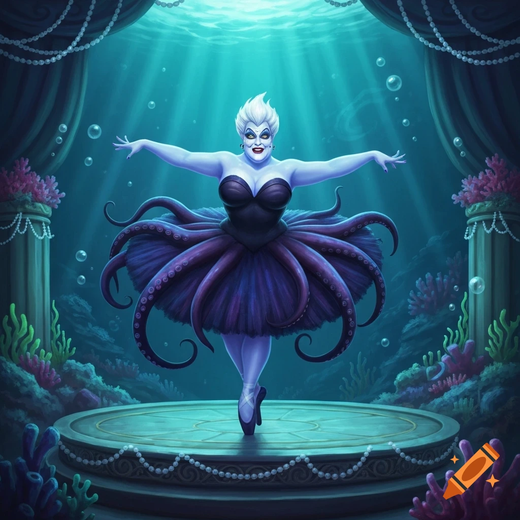 Ursula the sea witch in a black and purple ballerina outfit dances on an underwater stage amidst coral and bubbles.