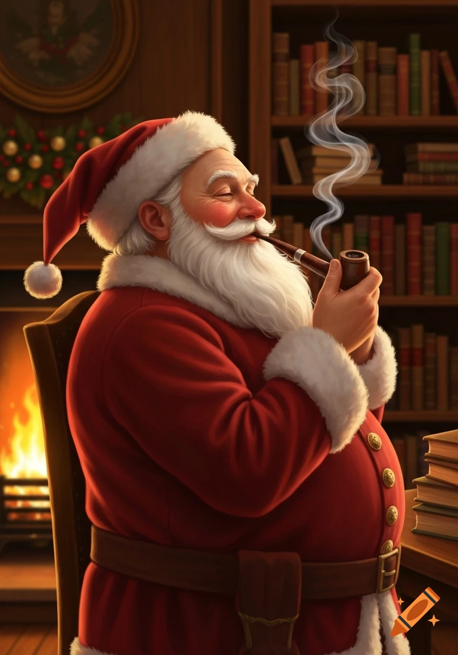 A cheerful Santa Claus with a white beard sits by a fireplace in a cozy room with bookshelves, smoking a pipe and smiling.