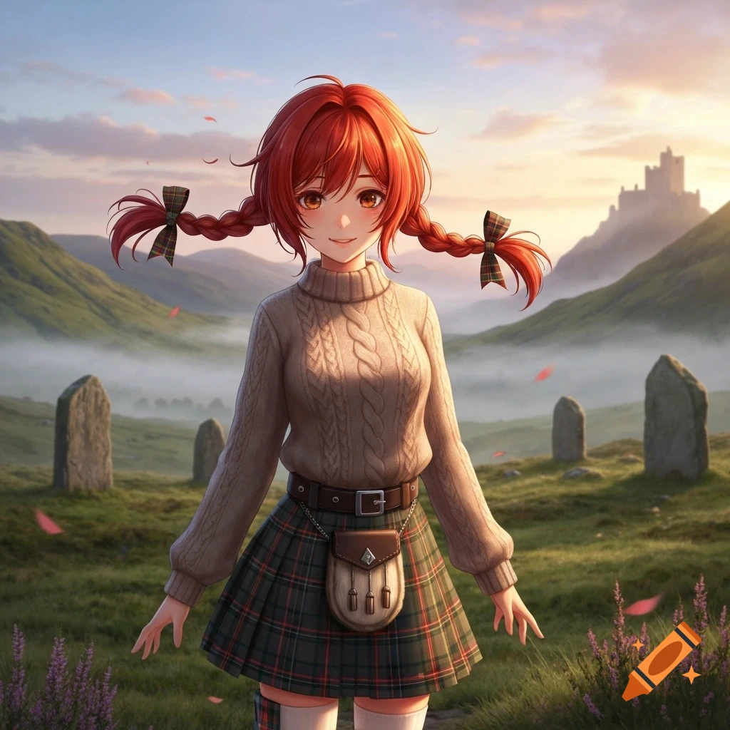 Anime girl with red braided hair, cable-knit sweater, plaid kilt, and sporran, in a misty Scottish landscape with a castle.