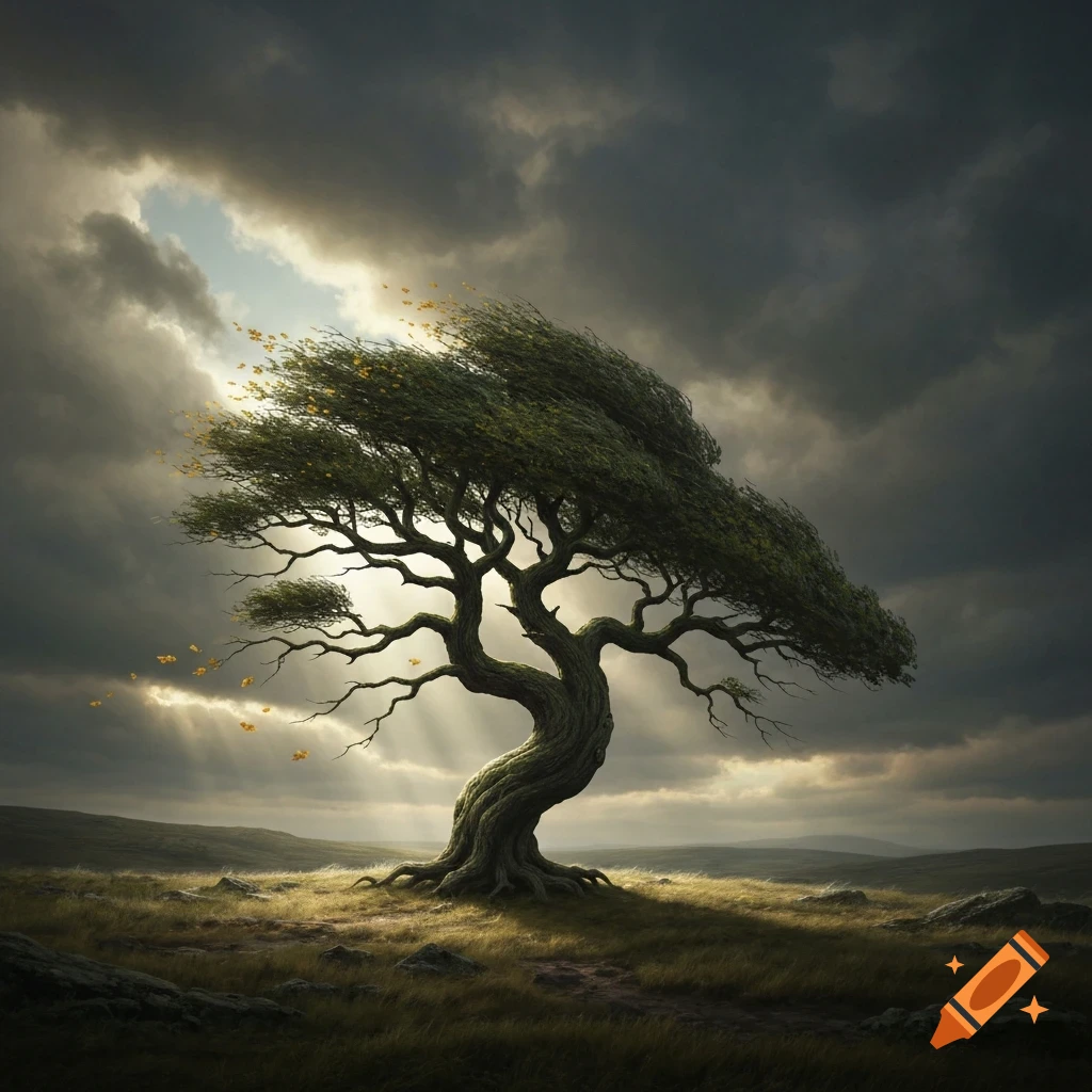 A lone, gnarled windswept tree stands on a grassy hill under a dramatic, cloudy sky with sun rays breaking through.