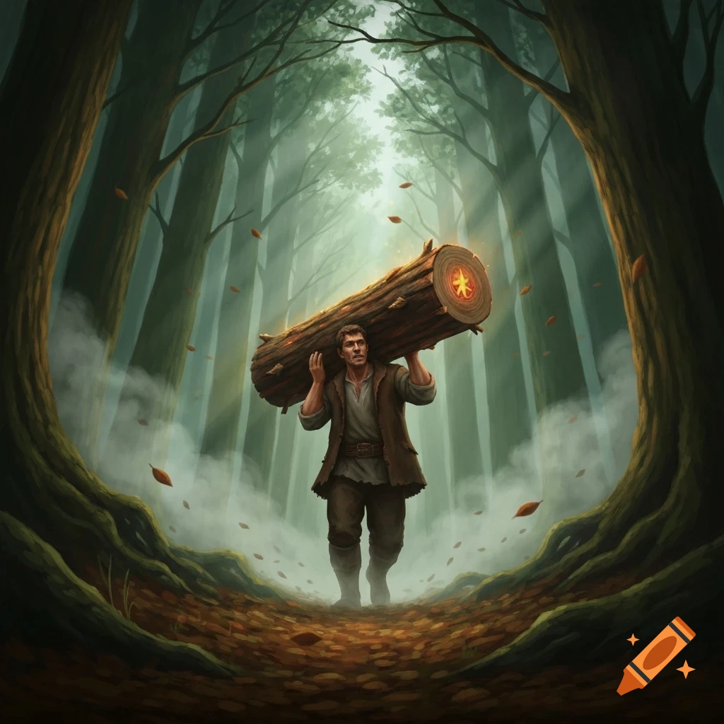 A man carries a glowing Yule log on his shoulder through a misty, enchanting forest with falling leaves.
