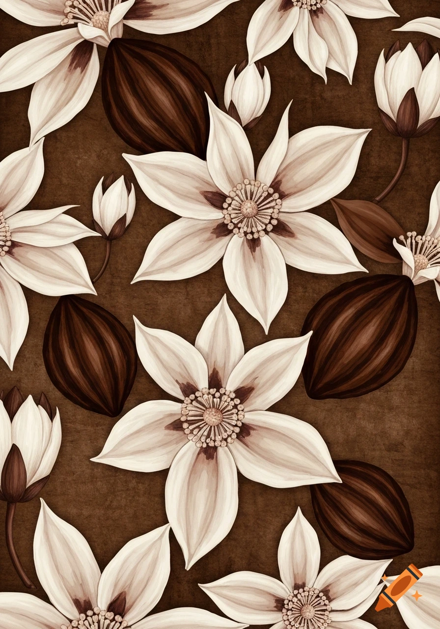 Seamless pattern of stylized white and brown cocoa flowers and dark brown cocoa pods on a textured brown background.
