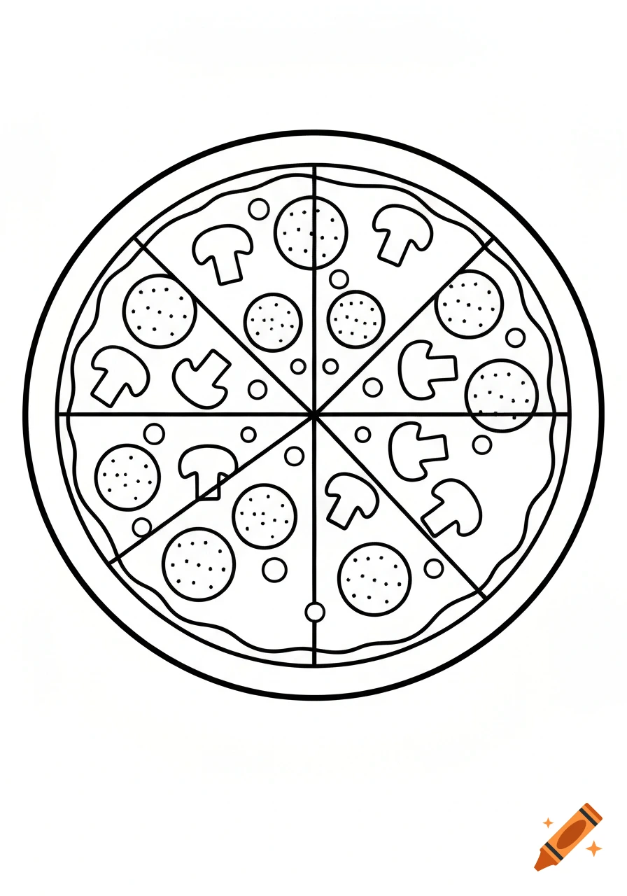 Black and white outline drawing of a pizza with pepperoni and mushrooms, sliced into eight pieces, suitable for coloring.