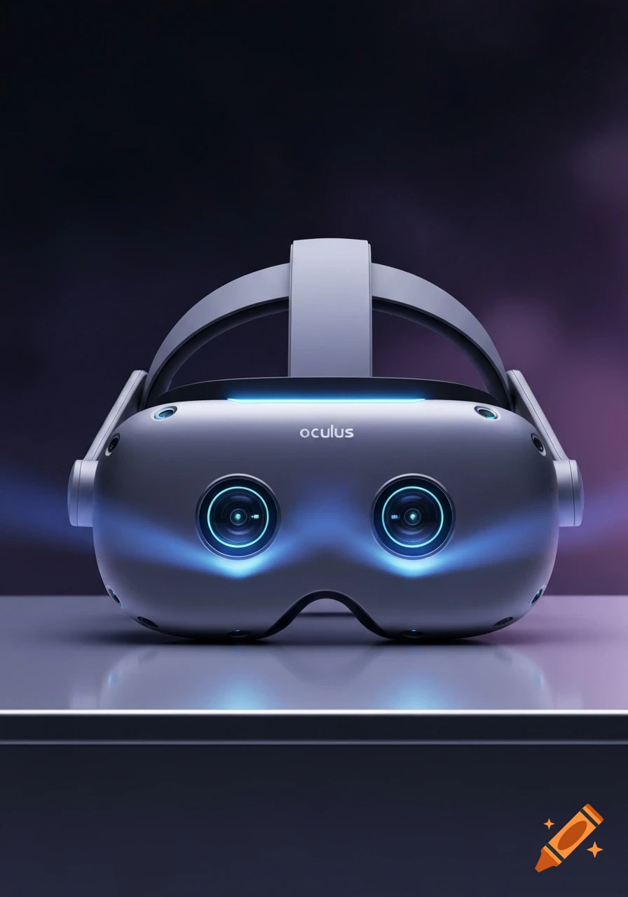 A sleek, modern Oculus VR headset with glowing blue accents sits on a reflective surface against a dark background.