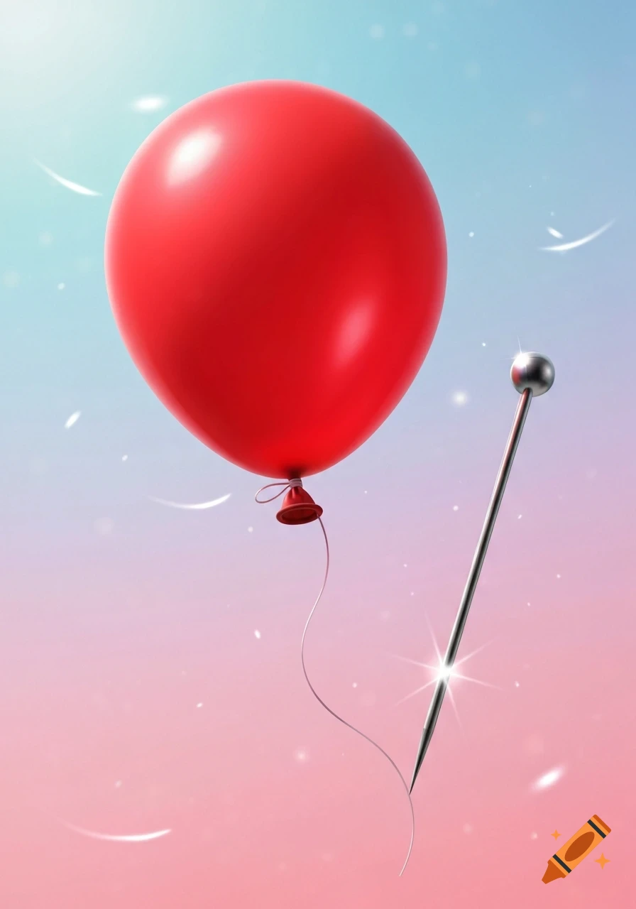 A red balloon floats next to a sharp silver pin, against a gradient blue and pink sky.