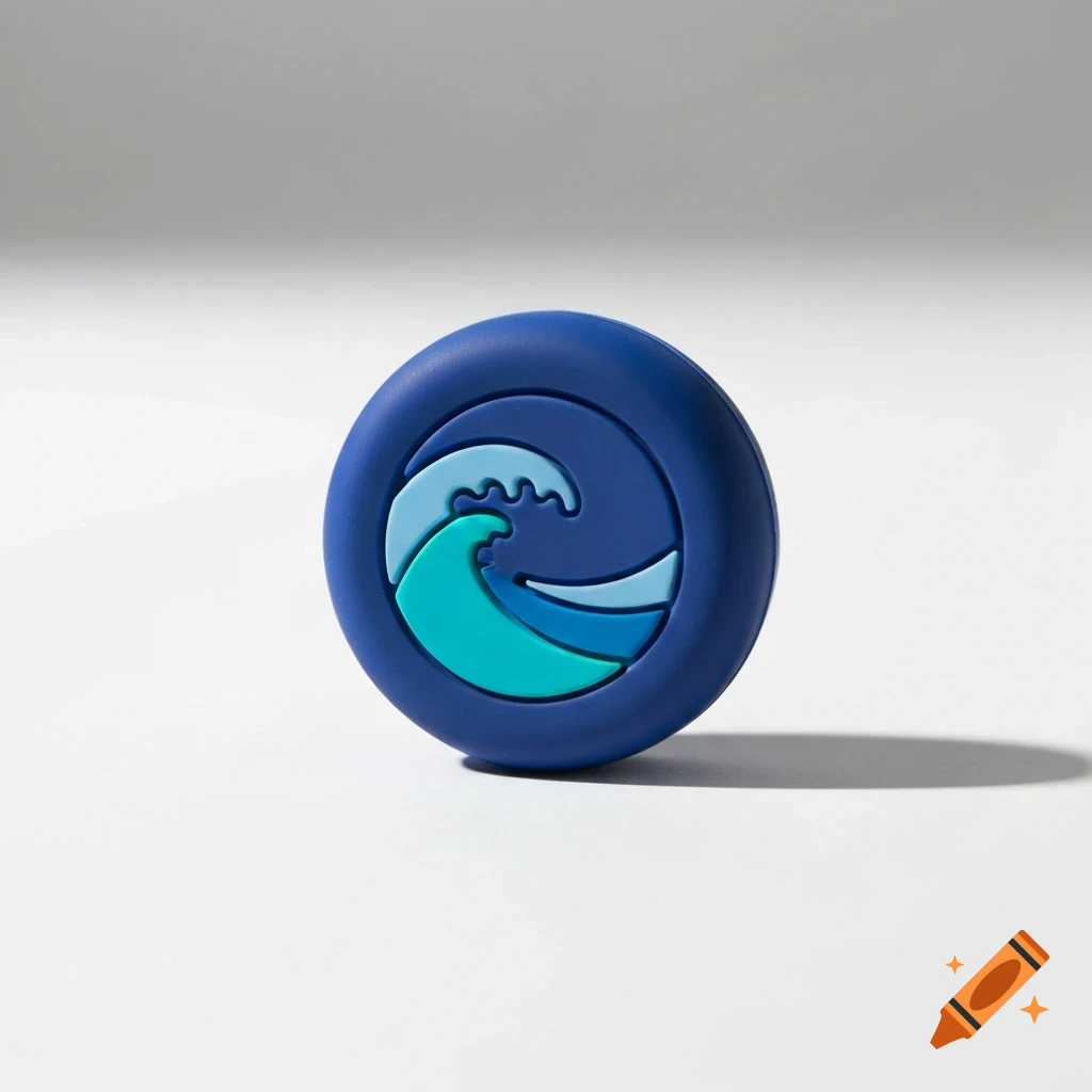 Dark blue, round tennis vibration dampener with a stylized turquoise and light blue wave design on a white background.