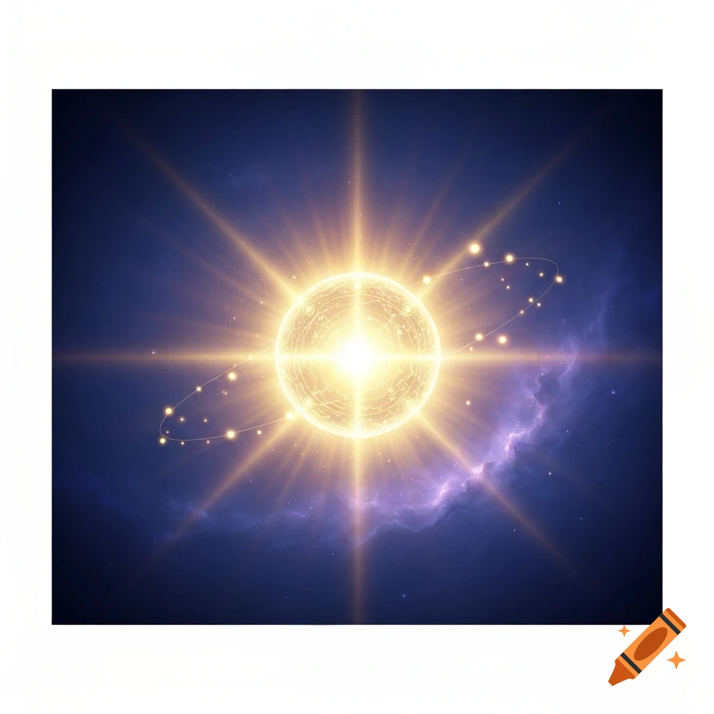 A brilliant golden orb with radiating light rays, encircled by a glowing ring of small orbs, set against a dark blue and purple cosmic nebula.
