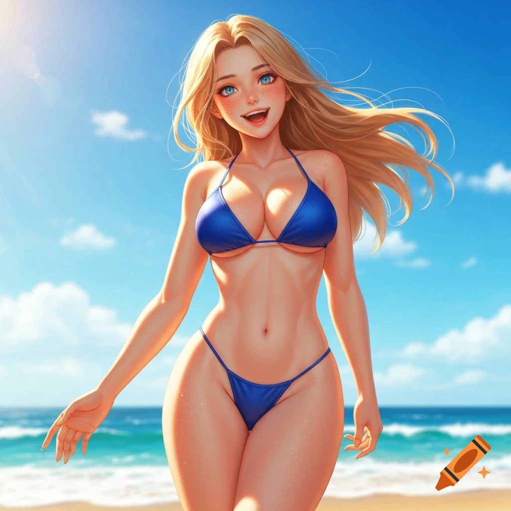 A smiling young anime woman with blonde hair in a blue bikini walks on a sunny beach.
