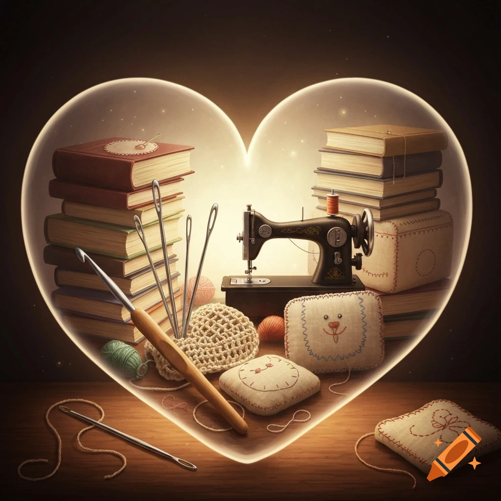 Crafting and reading items, including books, a sewing machine, and needles, inside a glowing heart on a wooden table.
