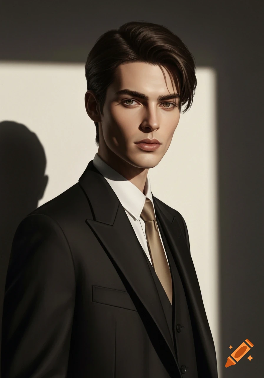 A man in a black suit with a gold tie, lit by dramatic cinematic lighting, looking directly at the viewer in a high-fashion portrait.