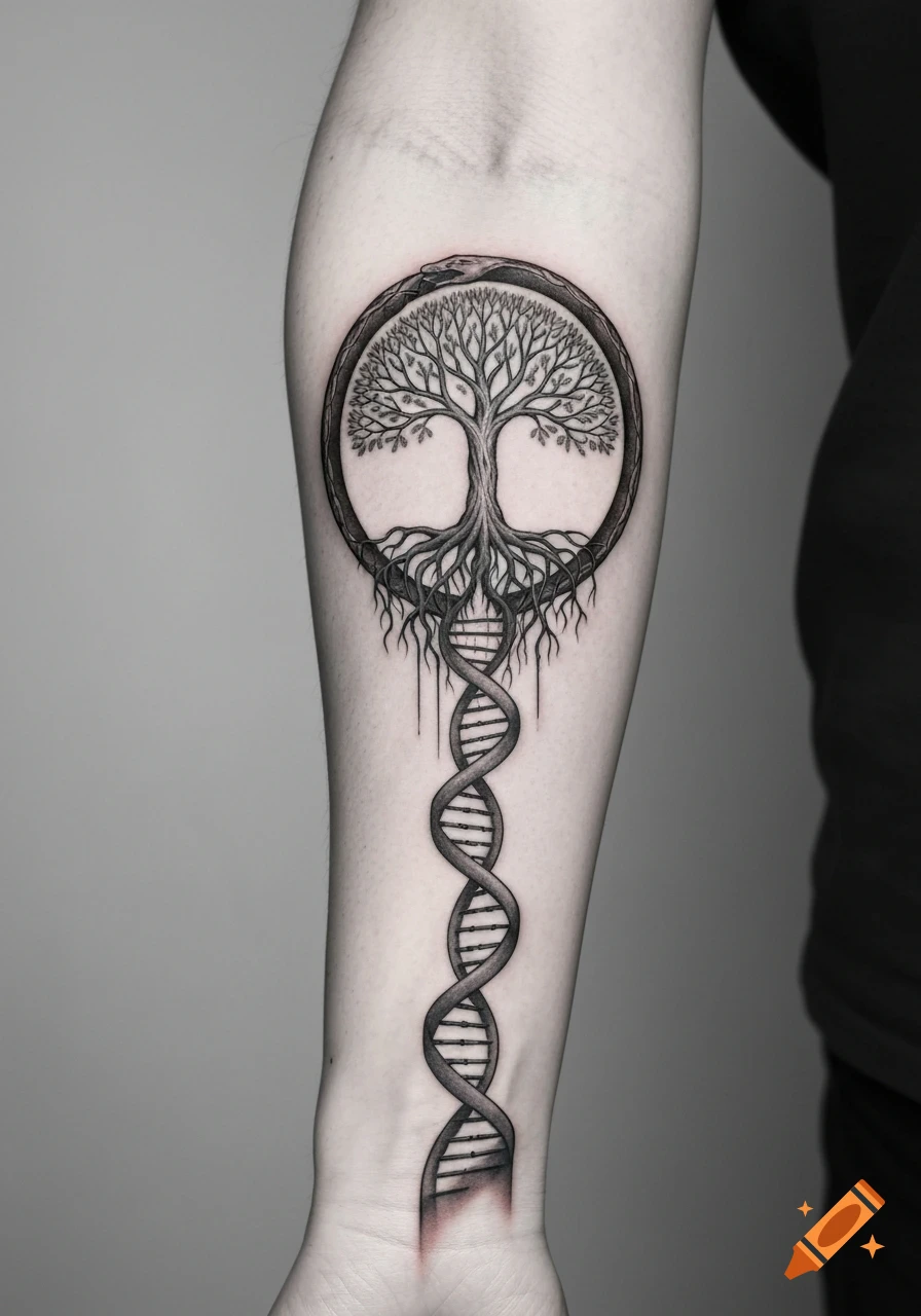 Black and gray forearm tattoo featuring a Tree of Life inside an ouroboros, intertwined with a DNA double helix. Illustrative realism.