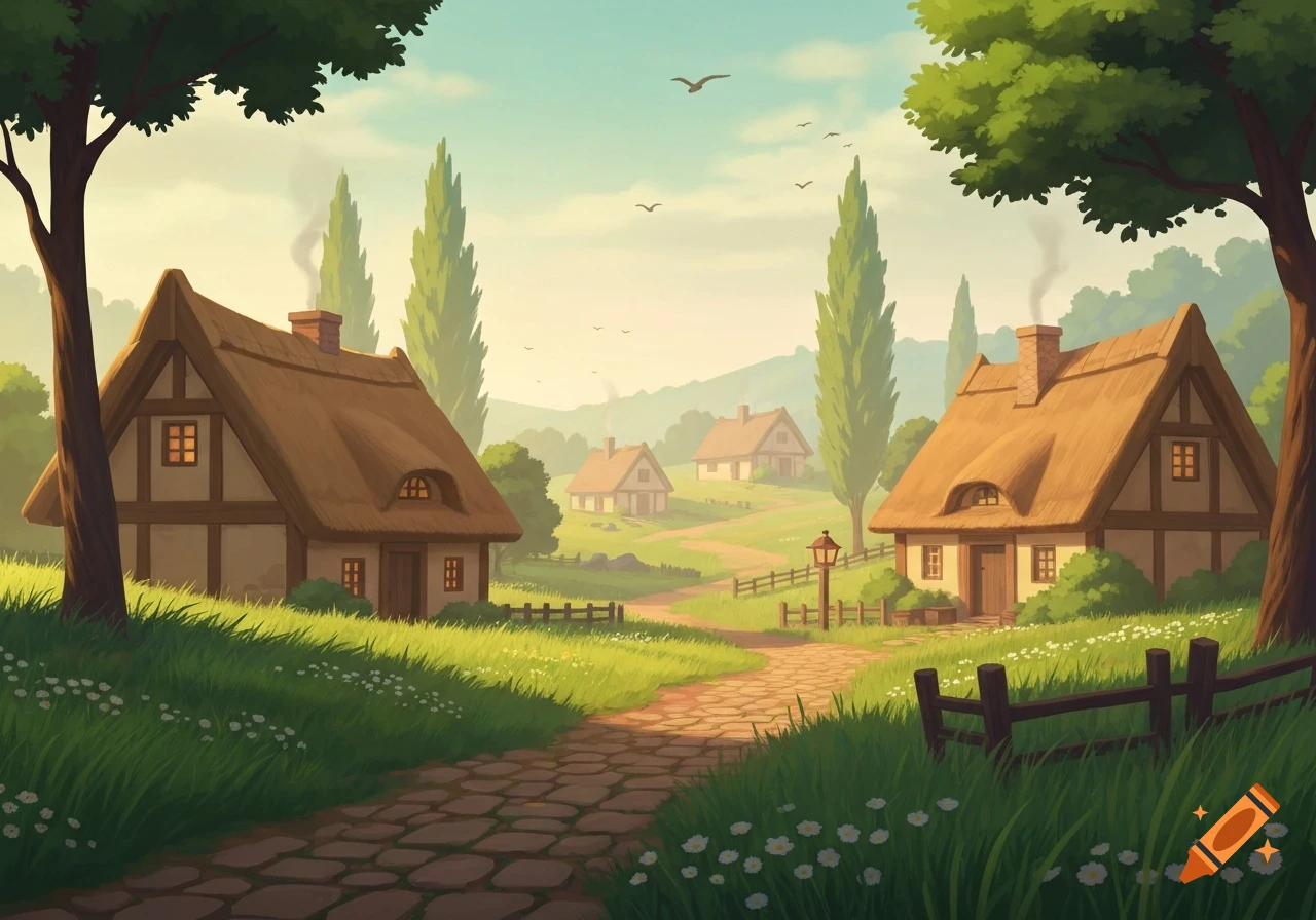 A charming, illustrative scene of a rural village with thatched-roof houses, green hills, trees, and a stone path under a sunny sky.
