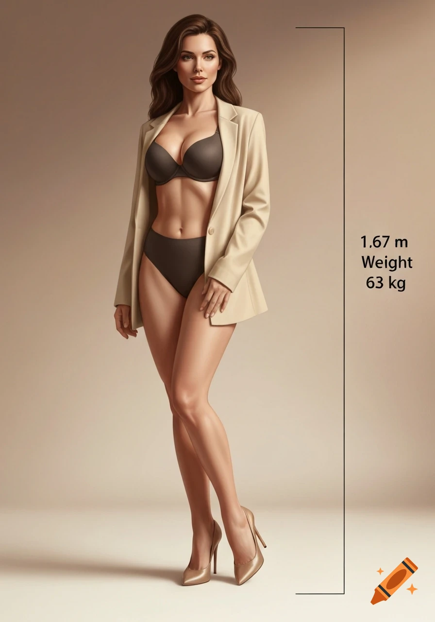 Photorealistic portrait of a woman in a bra, panties, and open blazer, with her height and weight noted.