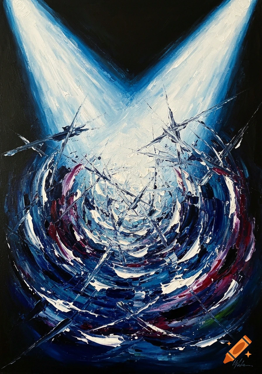Abstract oil painting with two bright spotlights on black, illuminating a swirling vortex of blue, white, and dark red expressive brushstrokes.